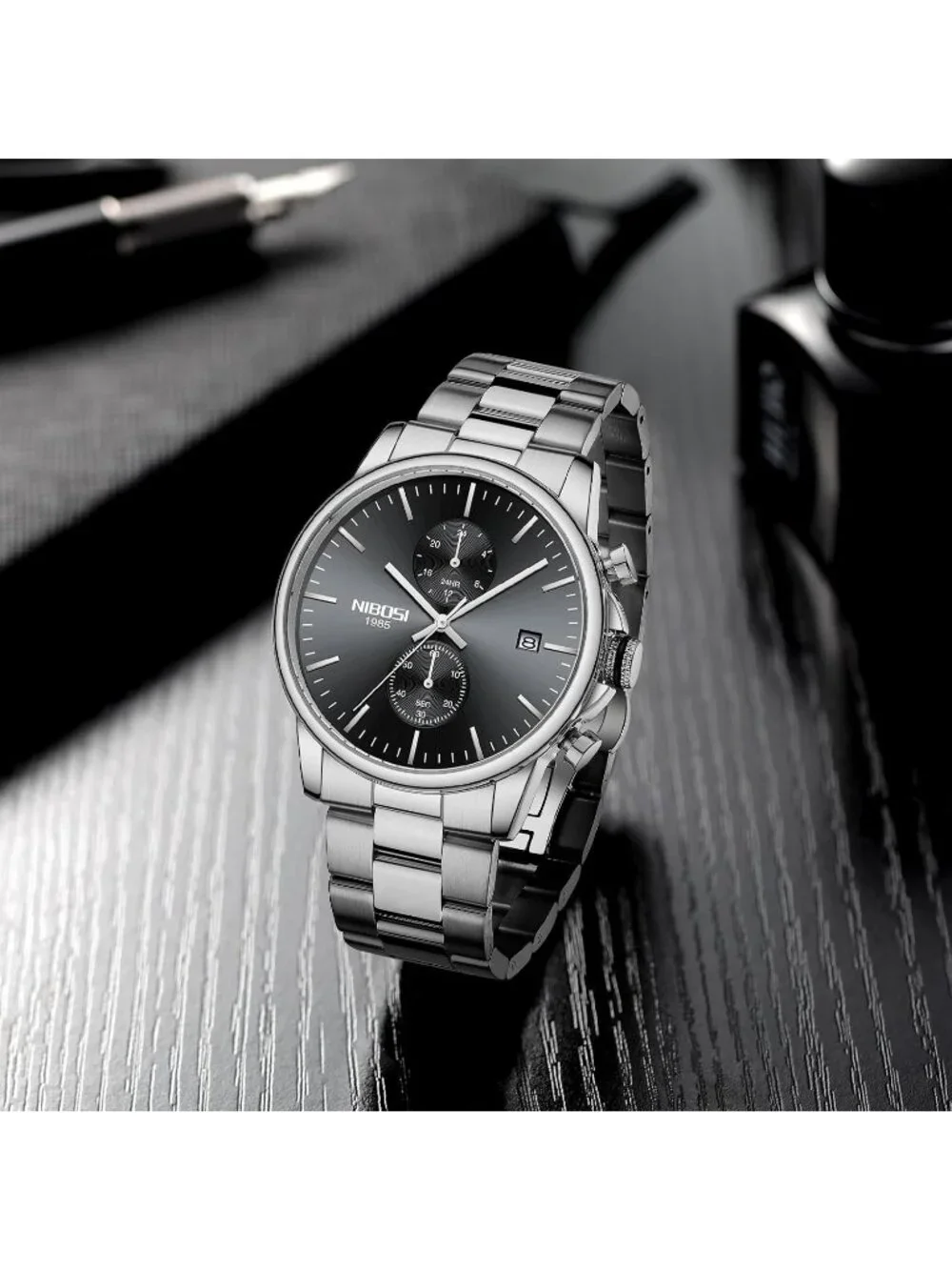 Men's Silver Black Stainless Steel Quartz Waterproof Day Date Casual Wrist Watch